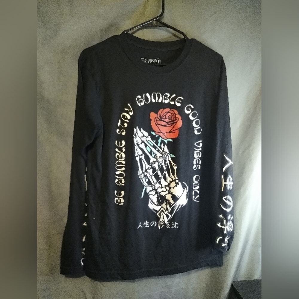 Fresh Laundry Long Sleeve Graphic Tee with Savage Rose and Skeleton Design